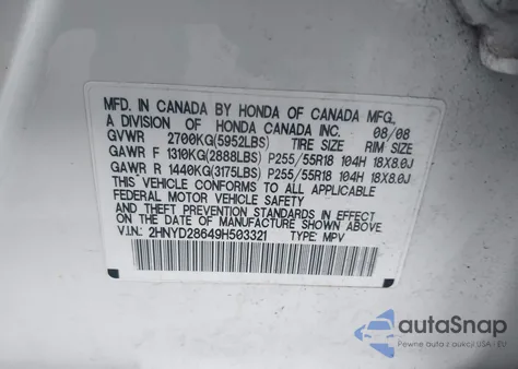 2009 Acura Mdx Technology Package z USA, uszkodzony, nr VIN 2HNYD28649H503321
